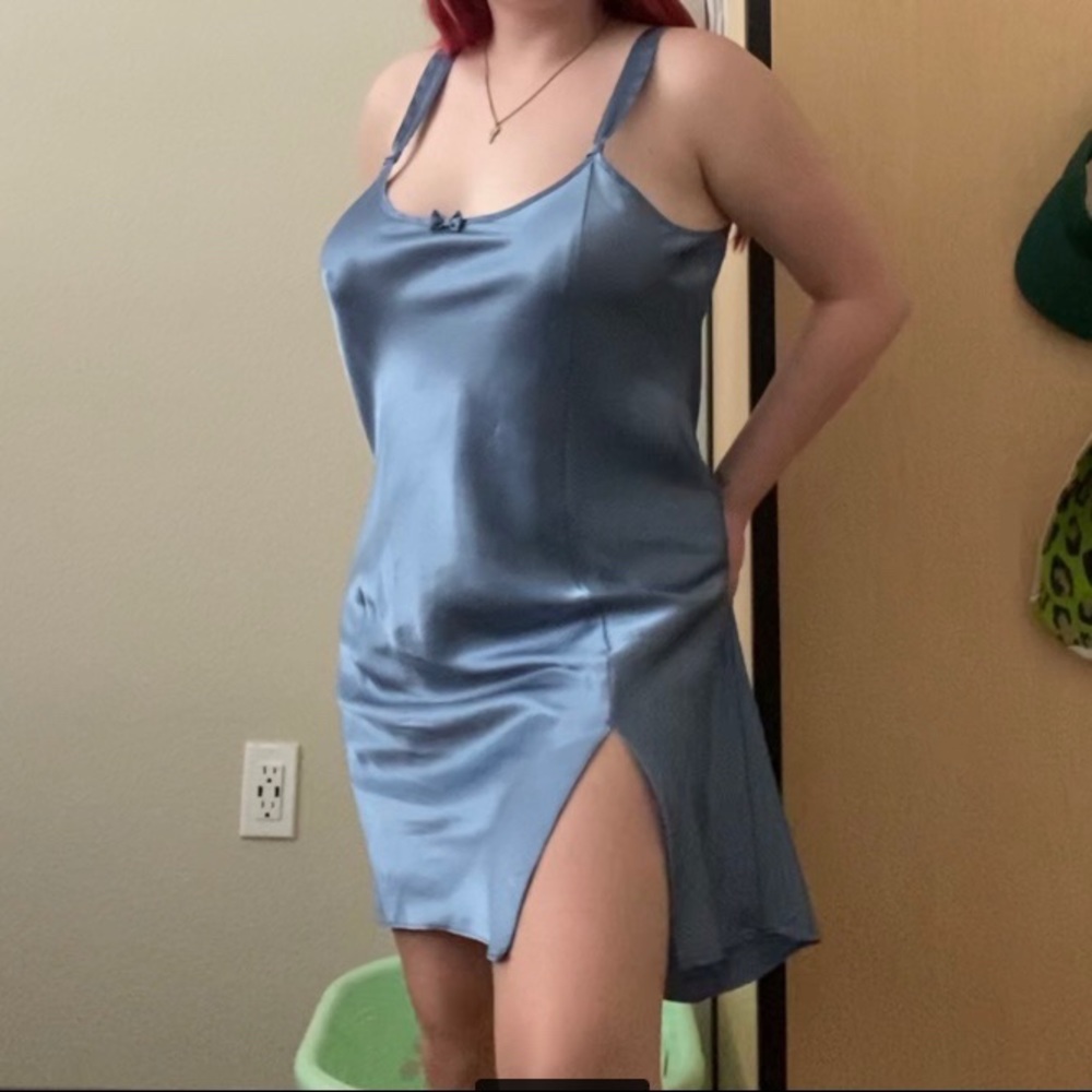 blue silk slip dress